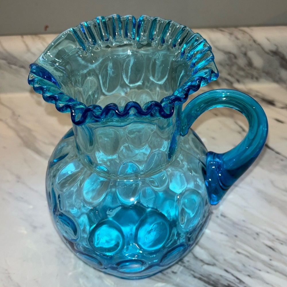 Vintage Fenton blue coin dot ruffled edge 9 1/2” pitcher